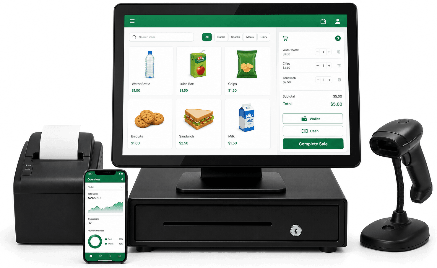 Tuck Shop counter setup: touchscreen POS showing canteen billing with snacks and drinks, cash drawer, receipt printer, barcode scanner and mobile owner dashboard