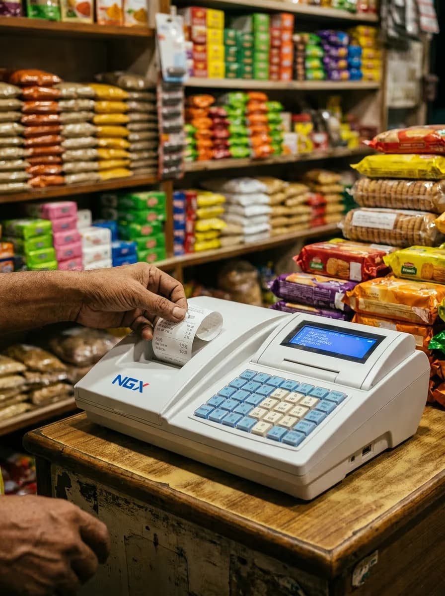 Retail pharmacy-style counter with shelves and checkout billing